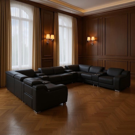 Homeroots Black Italian Leather Power Reclining U Shaped Twelve Piece Corner Sectional With Console 632554