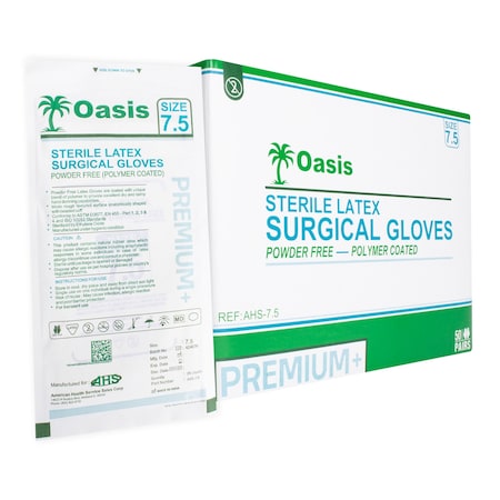 Oasis Sterile Disposable Latex Surgical Gloves, Powder-Free and Sterile, Size 7.5, 50 pairs per pack AHS-7.5