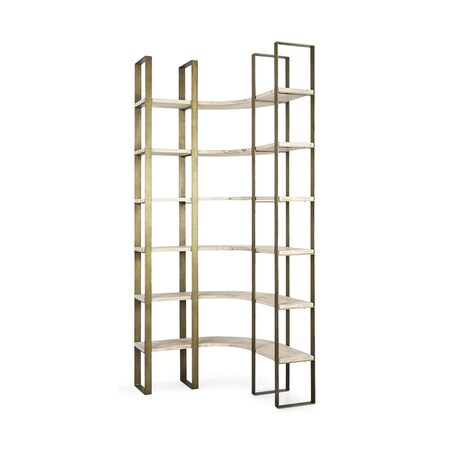 Homeroots 90" Natural and Gold Iron and Solid Wood Curved Six Tier Corner Bookcase 392229