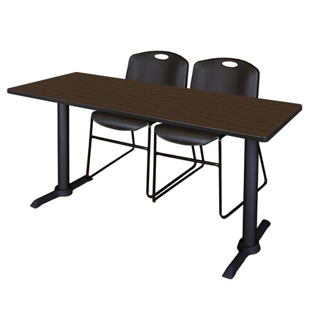 Regency Cain T-Base Training Seminar Table W/ 2 Zeng Stack Chairs, 60 in W, 24 in L, Neo Walnut MTRCT6024NW44BK
