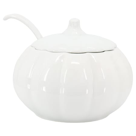 Martha Stewart 5 Quart Fine Ceramic Pumpkin Soup Tureen With Lid and Ladle in White 130338.03R