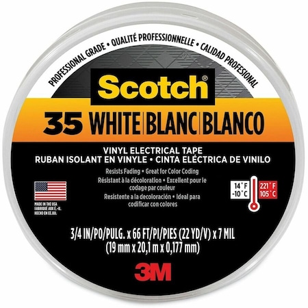 3M Vinyl Electrical Tape, 35, Scotch, 3/4 in W x 66 ft L, 7 mil thick, White 10828