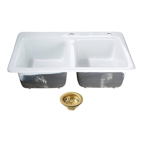 Kingston Brass 33-Inch Cast Iron Self-Rimming Double Bowl Drop-In Kitchen Sink, 2-Hole with Basket Strainers x 2 KGT33229D27