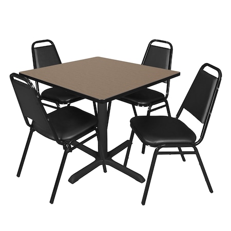 Regency Square Cain Breakroom Table W/ 4 Restaurant Stack Chairs, 42 in W, 42 in L, Noble Oak TB4242NO29BK
