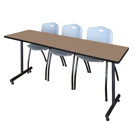 Regency Kobe T-Base Training Seminar Table W/ 2 M Stack Chairs, 84 in W, 24 in L, Noble Oak MKTRCT8424NO47GY