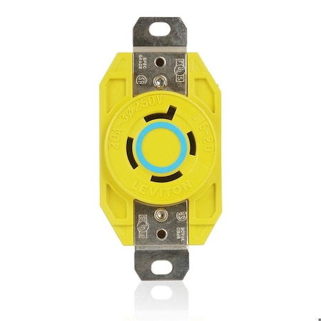 Leviton Flanged Locking Receptacle, L15-20R, 20 A, 250V AC, Three Phase, 3 Pole, Flush Mount, Yellow 24CM-20