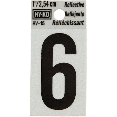 Hy-Ko Reflective Sign, Character: 6, 1 in H Character, Black Character, Silver Background, Vinyl RV-15/6