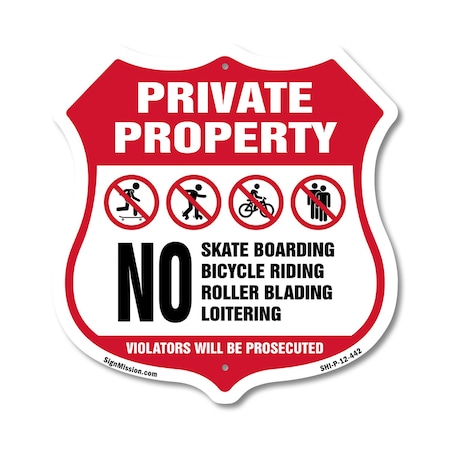 Signmission Private Property Shield Sign No Skateboa, 12 Inch X 12 Inch, Plastic Sign SHI-P-12-442