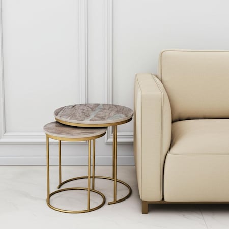 Homeroots Set of Two Brown Gray and Gold Marble and Metal Round Nested Tables 632686
