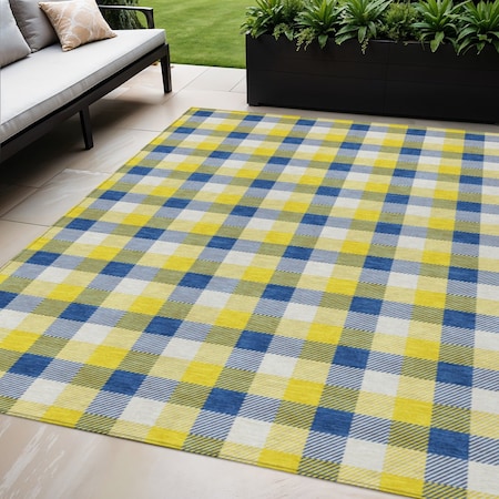 Homeroots 5' X 8' Yellow Blue And Beige Plaid Washable Indoor Outdoor Area Rug 601447