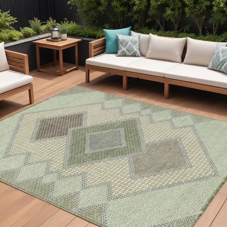 Homeroots 9' X 12' Green Gray And Taupe Geometric Washable Indoor Outdoor Area Rug 631913