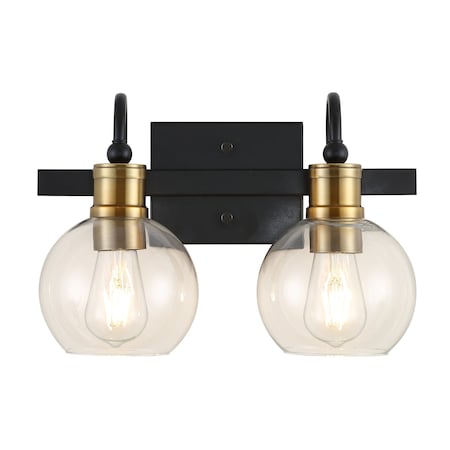Jonathan Y Marais 14.5" 2-Light Iron/Glass Rustic Vintage LED Vanity Light, Black/Brass Gold JYL3527A