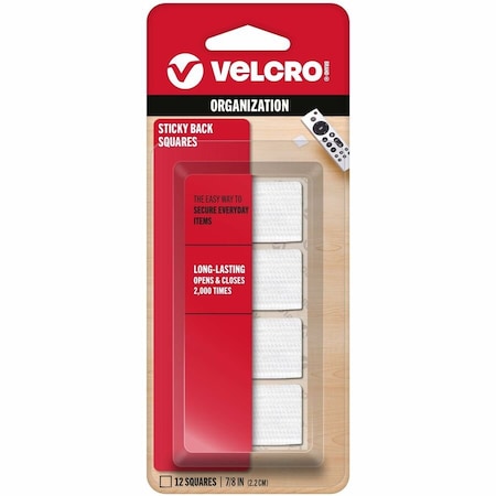 Velcro Brand Reclosable Fastener Shape, Square, Rubber Adhesive, 7/8 in, 7/8 in W, White, 12 PK 90073