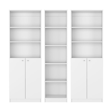 Homeroots Set of Three White Wood Five Tier Modular Bookcase with Four Doors, 3PK 546621