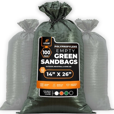 Xpose Safety Woven Poly Sand Bags for Flooding, 14 x 26, 50 lb WL, Empty, Green, Pack of 100, 100PK SBG-1426-100-X-S