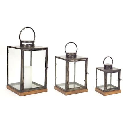 Homeroots Gray And Brown Distressed Geometric Glass Metal And Wood Floor Lantern Candle Holders, 3PK 516442