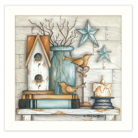 Homeroots Birdhouse on Books 2 White Framed Print Wall Art 405314