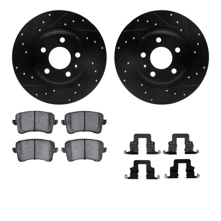 Dynamic Friction Co DFC Brake Rotor - Drilled & Slotted - Black w/5000 Brake Pads & HW Kit 8512-73069