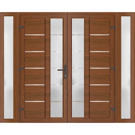 Vdomdoors Front Exterior Prehung Metal-Plastic Double Doors / MANUX 8088 Walnut / 2 Sidelites Exterior WindoW MANUX8088DEXD-WLN-RH-W16+72+16xH80