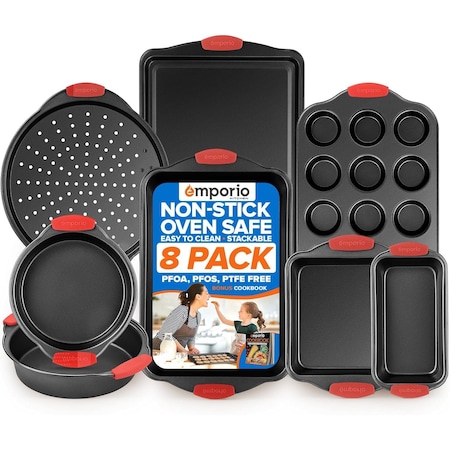 Emporio Kitchen Baking Pan Set, Oven Safe Tray, Up To 450 Deg F, Black, 8PK EMPKBK088