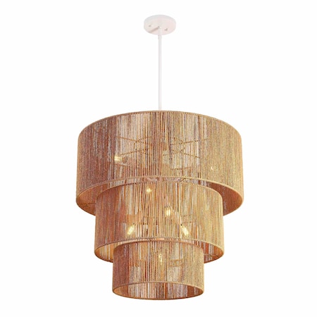 Jonathan Y Orson 24 in. 7-Light Coastal Bohemian Metal and Woven Paper Rope 3-Tier LED Chandelier, Natural/White JYL9564A