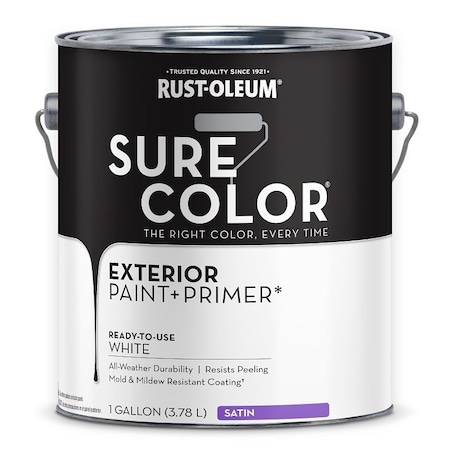 Rust-Oleum Sure Color Exterior Paint and Primer, Water, Satin, White, 1 gal Can, 400 sq-ft/gal Coverage Area 394678