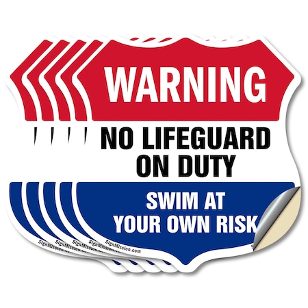 Signmission Pool Warning Shield Sign No Lifeguard On, 6 inch X 6 inch, Vinyl Decal, 5PK SHI-D-5PACK-6-432