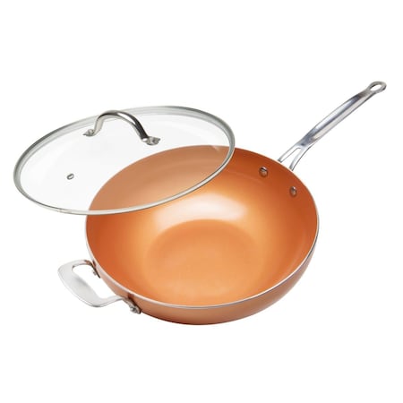 Pan De Molde 12 in. Chefs Wok & Glass Lid, Copper Color Ceramic Non-Stick Coating PA3086275