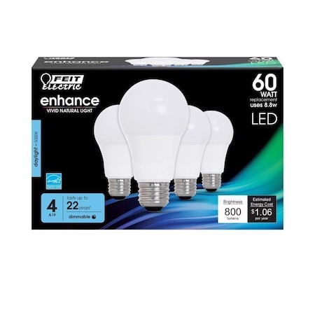 Feit Electric A19 E26 Medium LED Bulb Daylight 60 Watt Equivalence, 4PK OM60DM/950CA/4