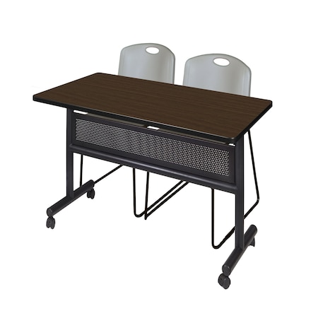 Regency Kobe Flip-Top Privacy Nesting Table W/ 2 Zeng Stack Chairs, 48 in W, 30 in L, Neo Walnut MKFTM4830NW44GY