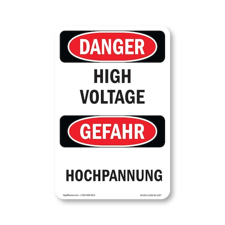 Safety Sign, OSHA Danger, 18" Height, Aluminum, High Voltage Bilingual, 1218-VG-1327