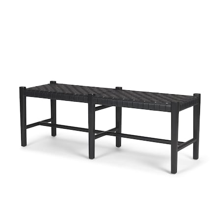 Homeroots 52in Black Genuine Leather and Solid Wood Upholstered Bench 606747