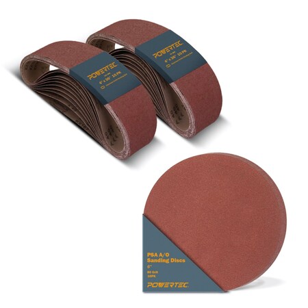 Powertec Sanding Belt, 4in W, 36in L, A/O, 10 Each of 80/120 Grit, 20PK & 10PK 6in PSA Sanding Disc, 80 Grit 110291N
