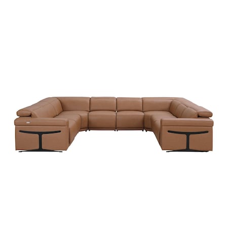 Homeroots Chestnut Italian Leather Power Reclining U Shaped Eight Piece Corner Sectional With Console 634686