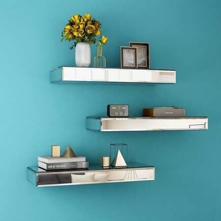 Homeroots Set Of Three Silver Glass Wall Mounted Floating Shelf 643669