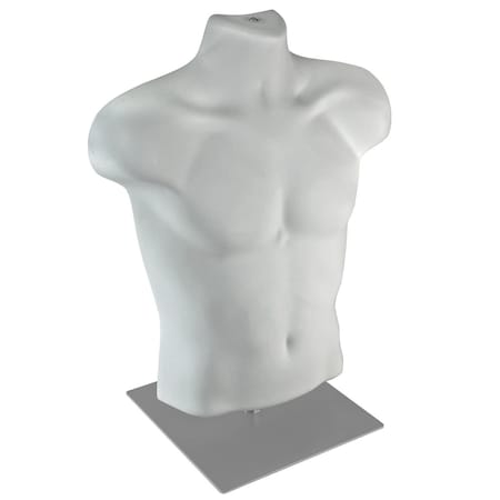 Azar Displays Male White Plastic Bust, Torso Mannequin, on 12in Square Silver Metal Base for Counter 900525-WHT