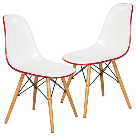 Leisuremod Dover Plastic Dining Side Chair with Wooden Legs, White Red, 2PK EP19WR2
