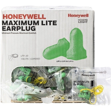 Howard Leight MAXIMUM LITE Disposable Foam Ear Plugs, Contoured-T Shape, 30 dB, Green, 100 PK LPF-30