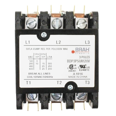 Brah Electric Definite Purpose Contactor, 120 V, 3 P, Non-Reversing, 3 Phase, Box Lug BDP3P50A120V