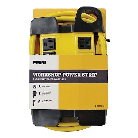 Prime Cable And Wire Prime PB801130 Power Strip, 6 ft L Cable, Straight Plug, 15 A, 125 V, Black/Yellow PB 801130