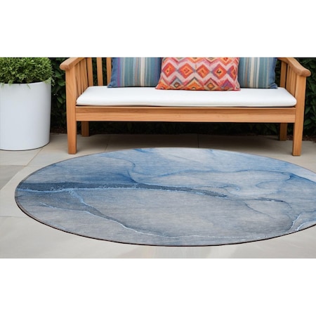 Homeroots 8' Round Blue Round Abstract Washable Non Skid Indoor Outdoor Area Rug 559798