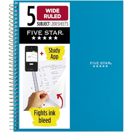Five Star Spiral Notebook Plus Study App, 5 Sub, W 07114
