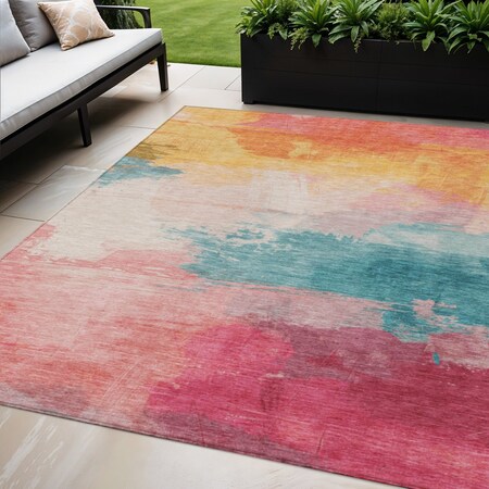 Homeroots 5' X 8' Pink Gold And Teal Blue Abstract Washable Indoor Outdoor Area Rug 611277