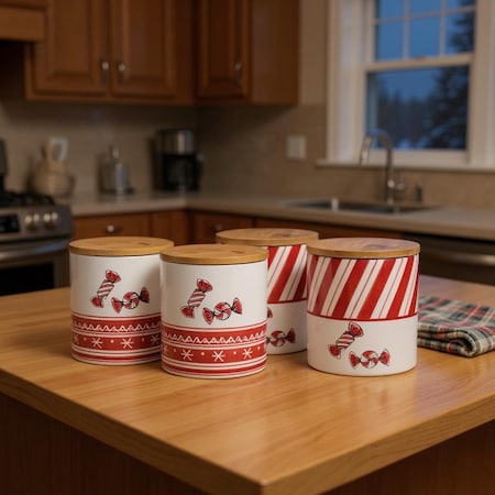 Homeroots Set of Four Red And White Striped Ceramic And Wood Christmas Lidded Canisters 638946