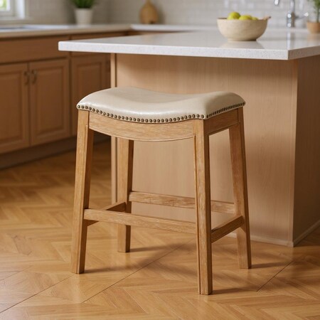Homeroots 26" Beige and Natural Faux Leather and Solid Wood Backless Counter Height Bar Chair 632366
