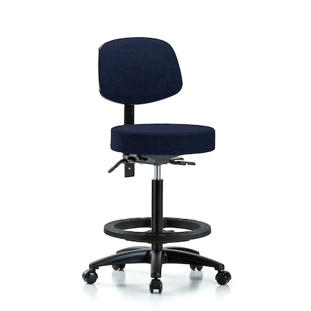Blue Ridge Ergonomics Bench Stool, Hi, Fabric, Bk, BF, Casters, Nav BR-FHBST-RG-T0-BF-RC-F45