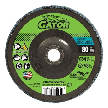 Gator Abrasive Flap Disc, 4-1/2 in Dia, 80 Grit, Medium, Zirconium Oxide Abrasive, Fiberglass Backing 9718