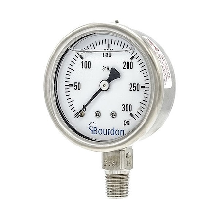 Bourdon Industrial Pressure Gauge, 0 to 300 psi, 2 1/2 in Dial, 1/4 in NPT, Bottom Location MEX3-D52.H25/0133