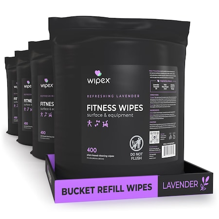 Wipex Plant-Based Fitness Wipes 400ct Refills for Bucket, Lavender, 1600 Natural Gym Equipment Wipes, 4PK WX72074BRL-4