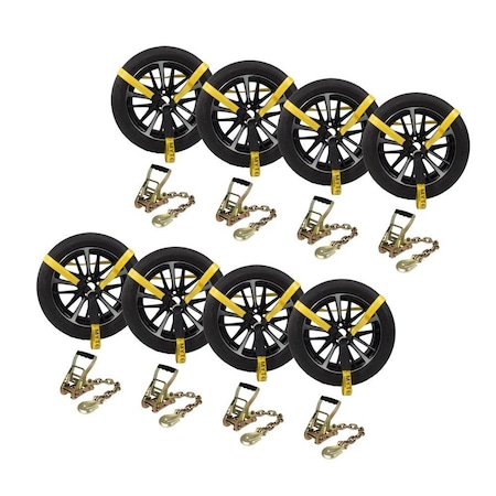 Mytee Products Auto Hauler Car Flatbed Tie Down Kit Lasso Wheel Ratchet Straps w/ Chain, 8PK RST-212SM-CAx8